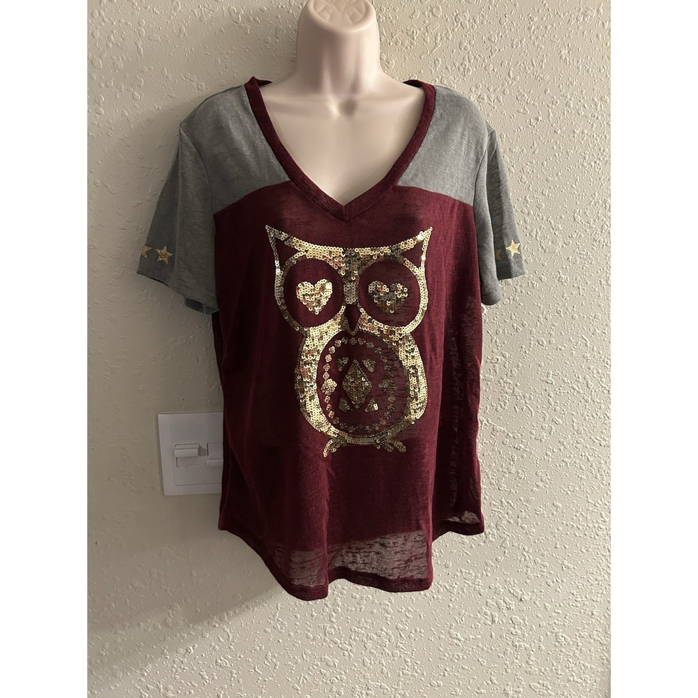 New Xl No Boundaries Gold Sequin Owl Burgundy/Gray V-Neck Top #1611*8 (JFT)
